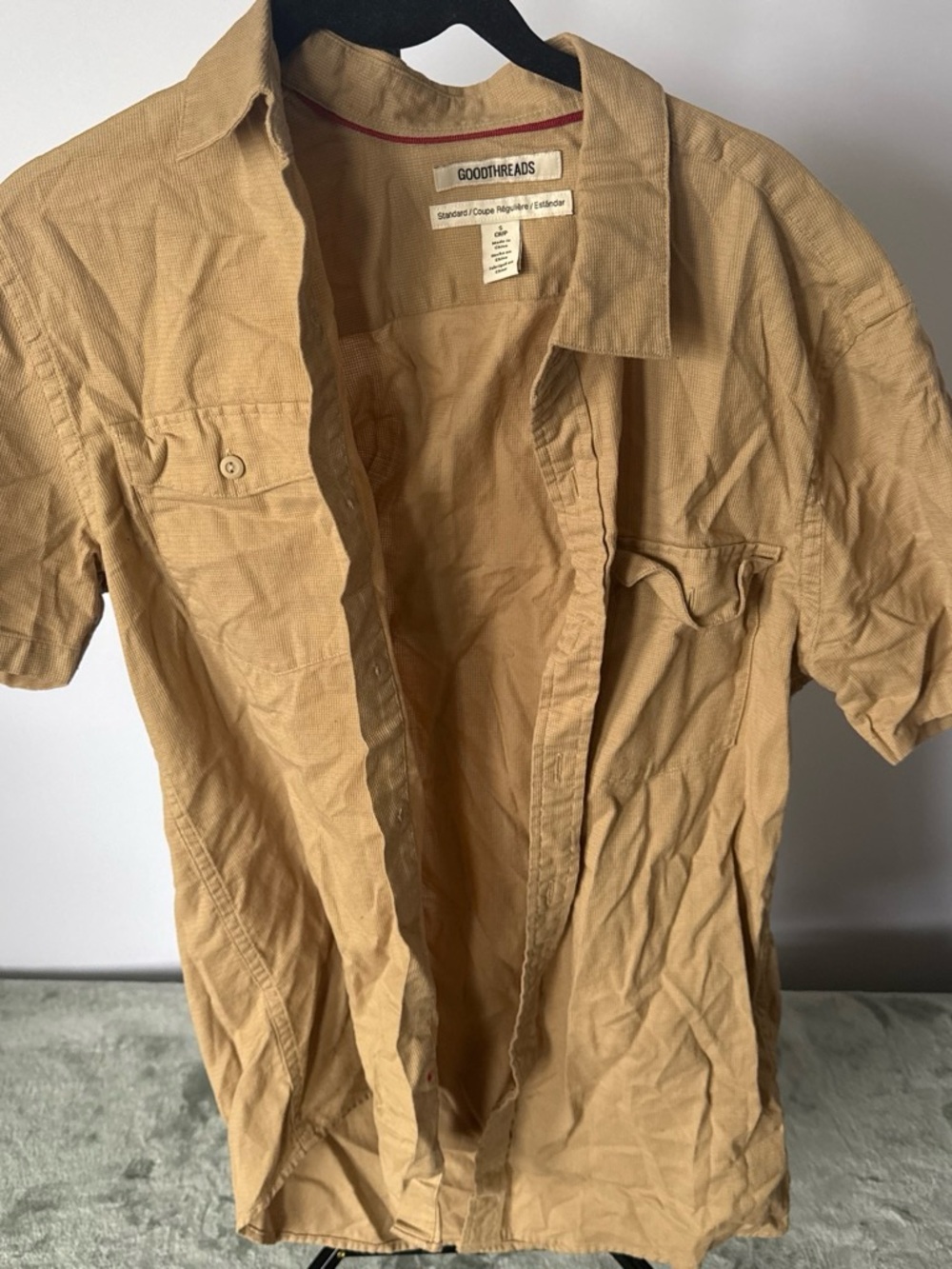 Goodthreads Beige Short Sleeve Button-Up Top with Contrast Trim